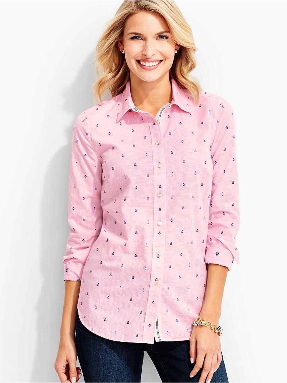 Talbots Pink Button-Down Shirt with Navy Anchor Motif
